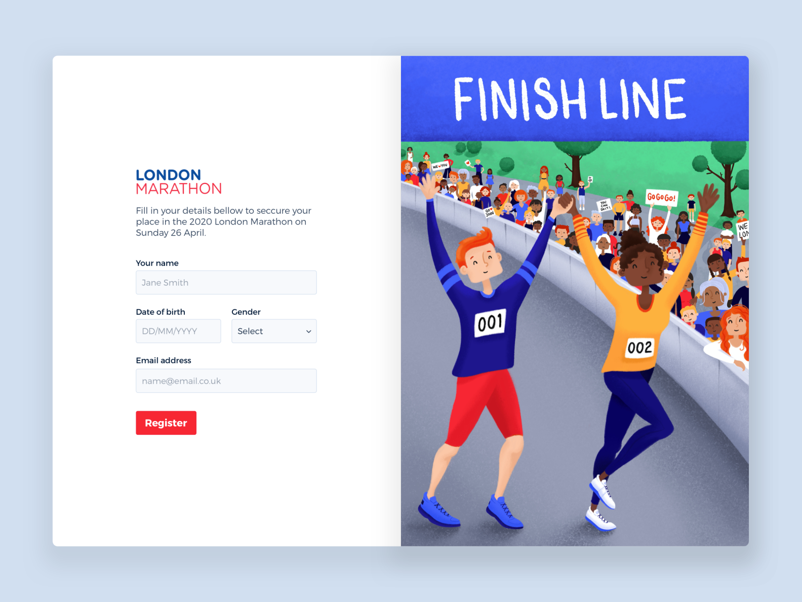 Sign up form for the London Marathon by Nicole Bettina Bartlett on Dribbble