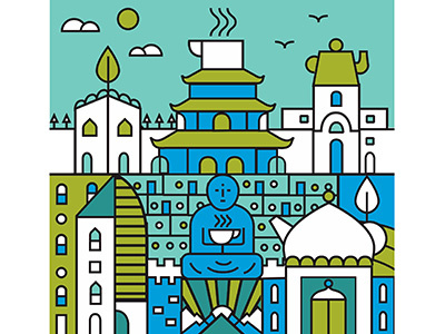 Unitea Icons buildings clouds illustration landscape line line art moonlike mountains tea tea pot tree vector