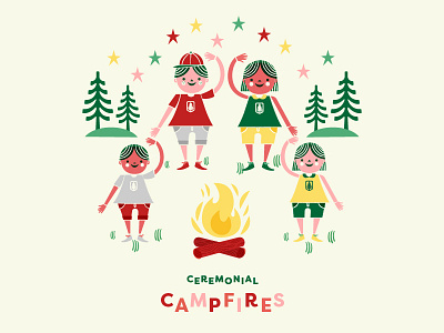 Campfire Illustration boy and girl camp camper campfire fire illustration kids logs stars summer trees