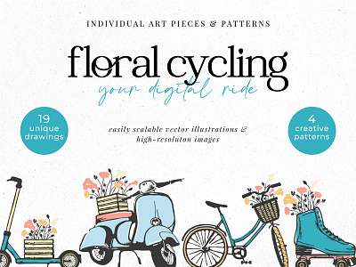 Floral Cycling Vintage Collection artistic bicycle bike brand visual branding clipart cycling design fitness graphic design hand drawn design illustration lifestyle motor roller skates sketch transportation travel vespa