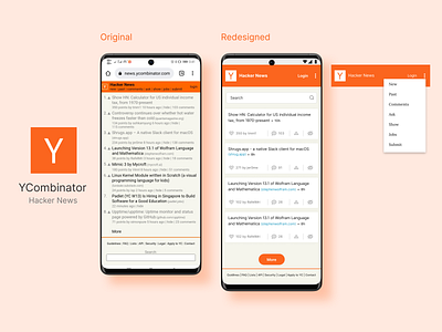 YCombinator-Hacker News (Redesign Challenge) app design branding business news elegant figma hacker news interface news orange redesign simple startup startup accelerator typography uiux userfriendly ux design website ycombinator