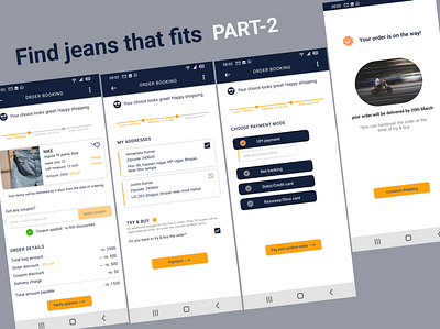 Idea which helps you find jeans that fits PART-2 address app blue cart checkout grey mobile orange payment shopping ui ux yellow