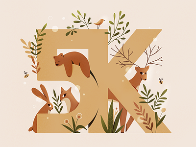 5K 2d animals bear character characters design flat followers forest fox hare illustration plants procreate texture