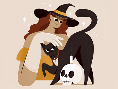 Witch 2d cat character characters flat girl haloween illustration procreate shape skull texture vector