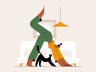 Quality Time 2d cat character characters design flat geometry girl home illustration people procreate room shape texture vector vector illustration yoga
