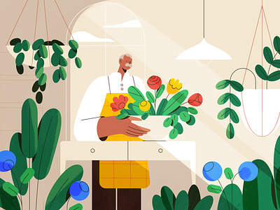 Preparing for the spring 2d character characters design flat garden illustration interior man people plants room shape spring texture vector