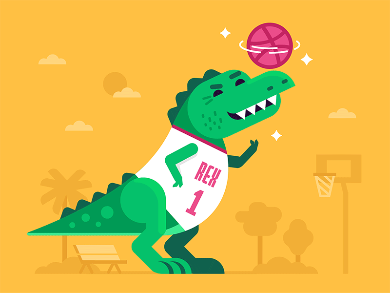 Hello Dribbble!!! 2d ball basketball debut dinosaur first flat gif illustration invite shapes vector