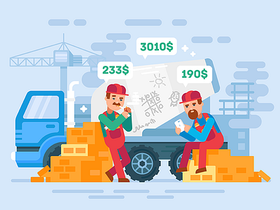 Сonstruction 2d boy builder car character construction flat illustration shape smoke vector