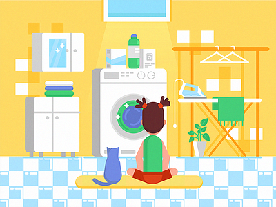 Cleanup 2d bath cat characters clean flat girl home illustration room shape vector