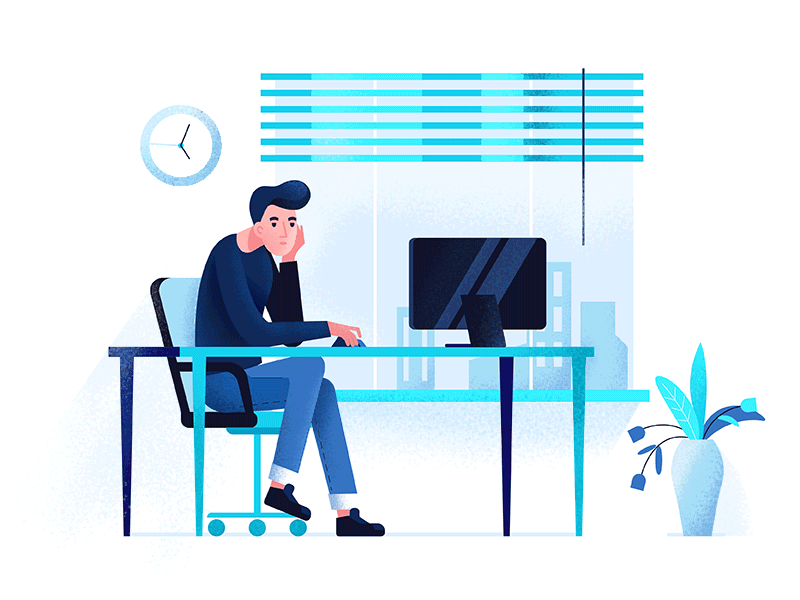 Designer 2d characters design flat illustration man office room sad texture vector work