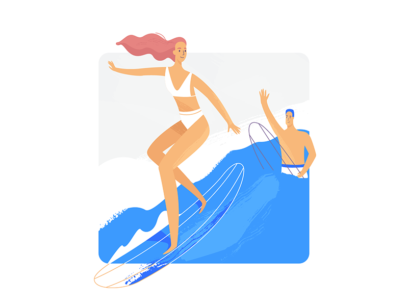 Please.com 2d boy characters design explainer flat girl illustration nature surfing ui vector