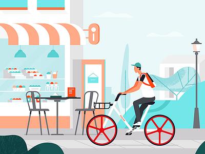 Mobike 2d boy cafe character characters design explainer flat illustration shape street texture ui vector