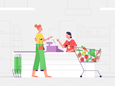 Only cash 2d character characters explainer flat food girl illustration people shape shop supermarket texture ui ux vector