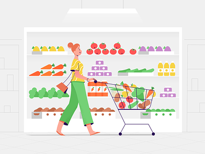 Supermarket 2d character characters explainer flat food fruit girl illustration shape shop supermarket texture vector vegetables