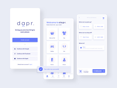 Dapr. Mobile Laundry app account creations android app design date picker flat design home screen icons ios laundry logo mobile app native app registration time picker ui kit uiux user interface uxdesign
