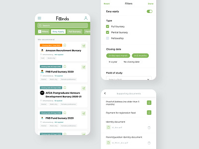 Foonda Bursary App app bookmark bursary card design education filters funding mobile design progressive web app search student university upload user interface