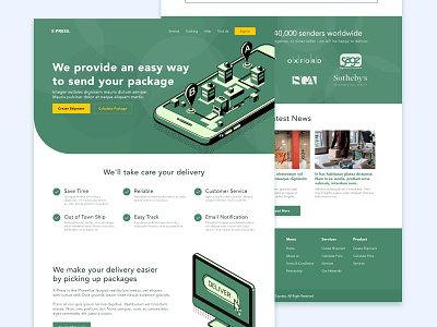 Delivery Company Landing Page app branding delivery design flat flatdesign green illustration illustrator logistics minimalist modern package services ui uiux ux