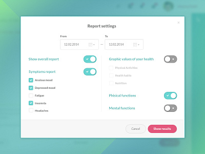 Report Settings Popup clean filters flat list medical popup report select settings switch ui