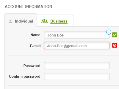 Account Form with errors and info bubble account business design error field form info input minimal shadow simple tab tabs ui web