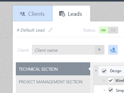 Tabs & Dashboard application buttons clean dashboard design estimate grey leads management minimalist project simple status tabs task ui ux web