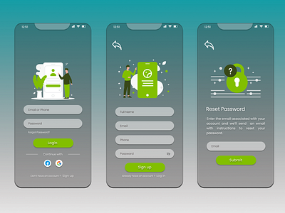 Login, Sign up, Forgot Password UI design forms illustration login mobile signup ui ux