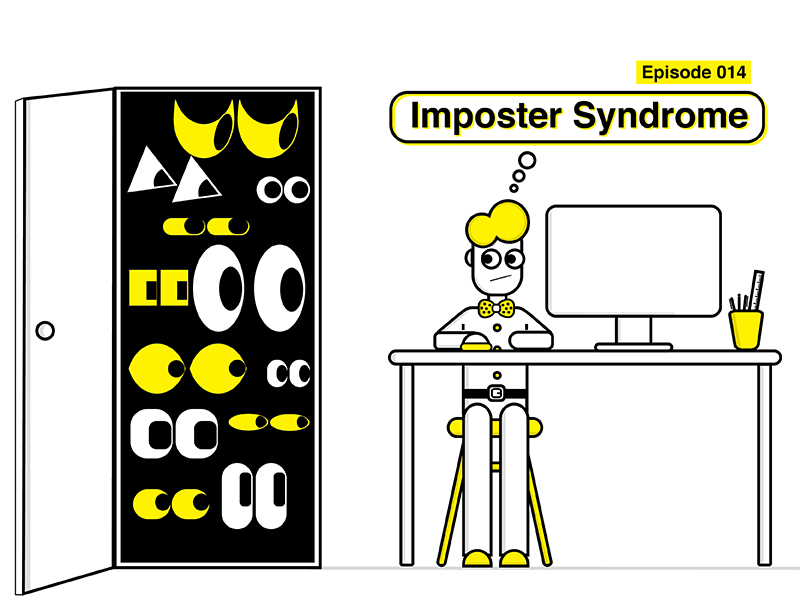 Imposter Syndrome Illustration: Creative Honey Podcast character outline minimalist yellow black graphics design illustration