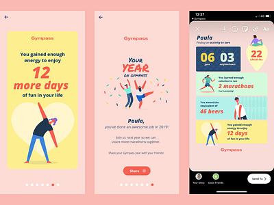 Your Year on Gympass - 2019 Retrospective 2020 carrousel culture flat design gympass instagram localization new year product design product designer retrospective share stories translation ui users ux your year on gympass