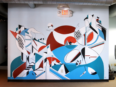 [Former] MailChimp HQ Mural Install architecture bridge circle geometry ibis mural painting pyramid