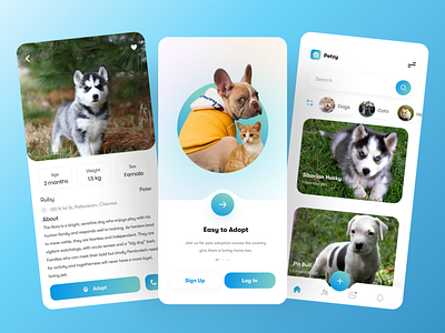 PETZY - Pet adoption app UI 3d animation app appui branding design graphic design illustration logo motion graphics pet pet ui petzy petzy ui trending ui ui ux viral web