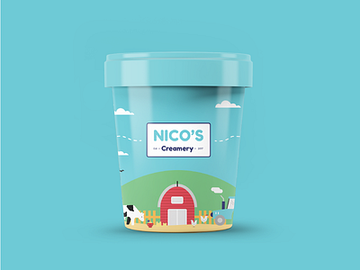 Nico's Creamery Ice Cream Tub Packaging farm ice cream ice cream tub illustration mock up packaging packaging design tub