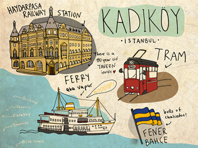 Part of a Kadikoy Map building cute doodle ferry hip istanbul kadikoy map old tram typography vintage