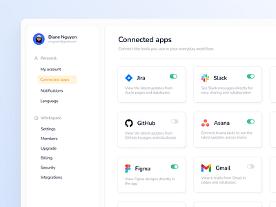 Connected Apps - Settings | Daily UI Challenge 007 app clean connected applications connected apps daily ui dailyui dailyui 007 dekstop design desktop settings desktop view figma integractions integration minimal settings ui user interface