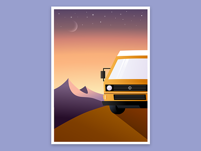 Van in the sunset illustration moon mountains roadtrip stars sunset van vanagon vanlife