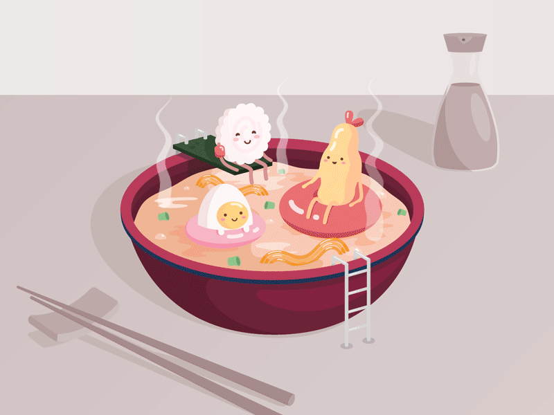 Ramen Pals adobe aftereffects animation animation 2d animation design cute art egg fish cake hot tub illustrator japanese noodles pool ramen shrimp soup swimming tempura