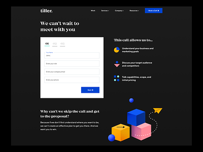 Tiller Website Contact Form 3d agency website color colorful contact dark icons product ui ux web