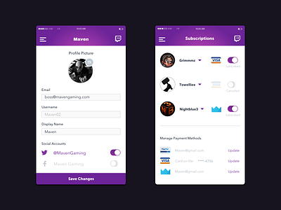 Daily UI - #007 app button credit card menu mobile payment profile settings twitch ui user profile ux