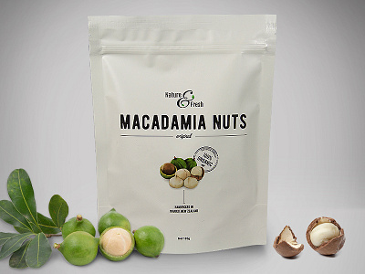 Nature & Fresh macadadia nuts branding gold logo packaging texture type