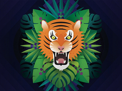 Fierce animal color digital art drawing gradient graphic illustration leaf shadow texture tiger tropical