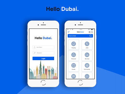 Hello Dubai Mobile App Concpet card dubai events forums job search listing login mobile app property search united arab emirates user interface