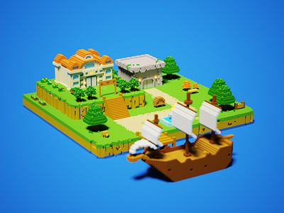 3D village 3d art 3d artist building design illustration island pixel pixelart village