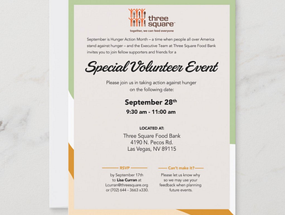 Three Square Special Volunteer Invitation brand branding bright card clean event graphic design green illustration invitation modern orange sleek vector