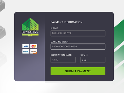 Credit Card Checkout UI Design for Symmetry construction credit card checkout design ecofriendly logo payment ui