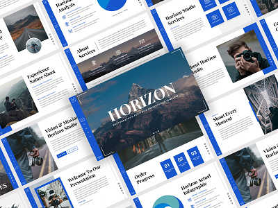 Horizon - Photography & Portfolio Presentation Template aesthethic blue camera clean creative digital futuristic photo studio photographer photography pitchdeck portfolio portrait powerpoint presentation professional technology template videographer videography