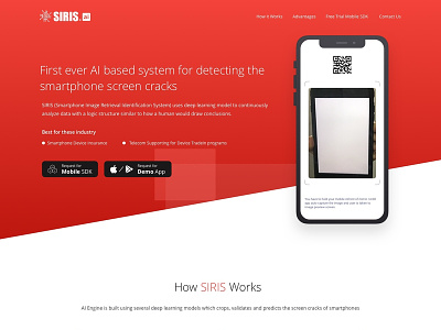 SIRIS Landing Page ai based product datascience design home page home page design landing page landing page design machine learning mobile app mobile app design mobile sdk screen breakage detector siris siris for mobile sketch sketchapp website design website hero section design