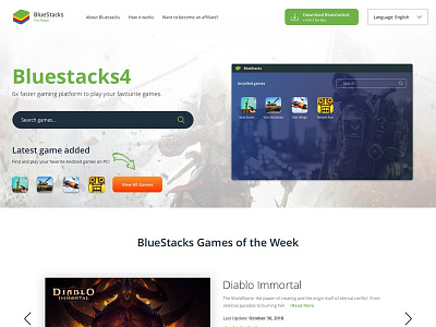 Landing Page bluestacks landing page design cta positions desktop app desktop design download bluestacks game games for windows gaming platform home page design improve ux of landing page information architecture landing page landing page design latest added games play android games primary cta search video games website design