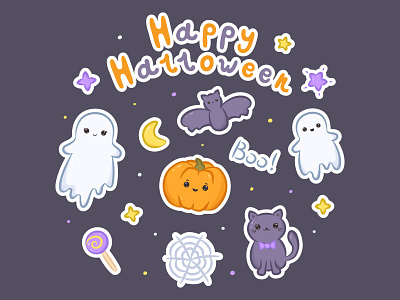 Halloween kawaii stickers set bat cartoon character cute design ghost graphic design halloween illustration kawaii pumpkin stickers vector