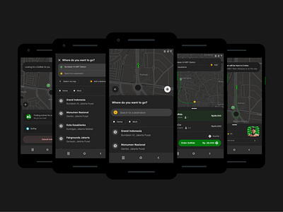 Dark Mode on Ride Sharing App - Gojek app app design clean dark mode gojek mobile ride hailing ride sharing taxi booking ui ux
