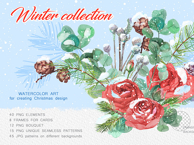 Winter collection. Set of watercolor elements
