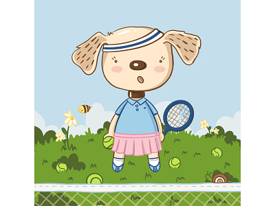 Tennis ball children cute dog golden illustration kawaii spring tennis