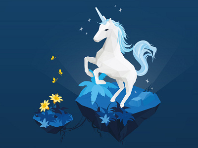 Unicorn floating islands illustration isometric sparkling unicorn vector